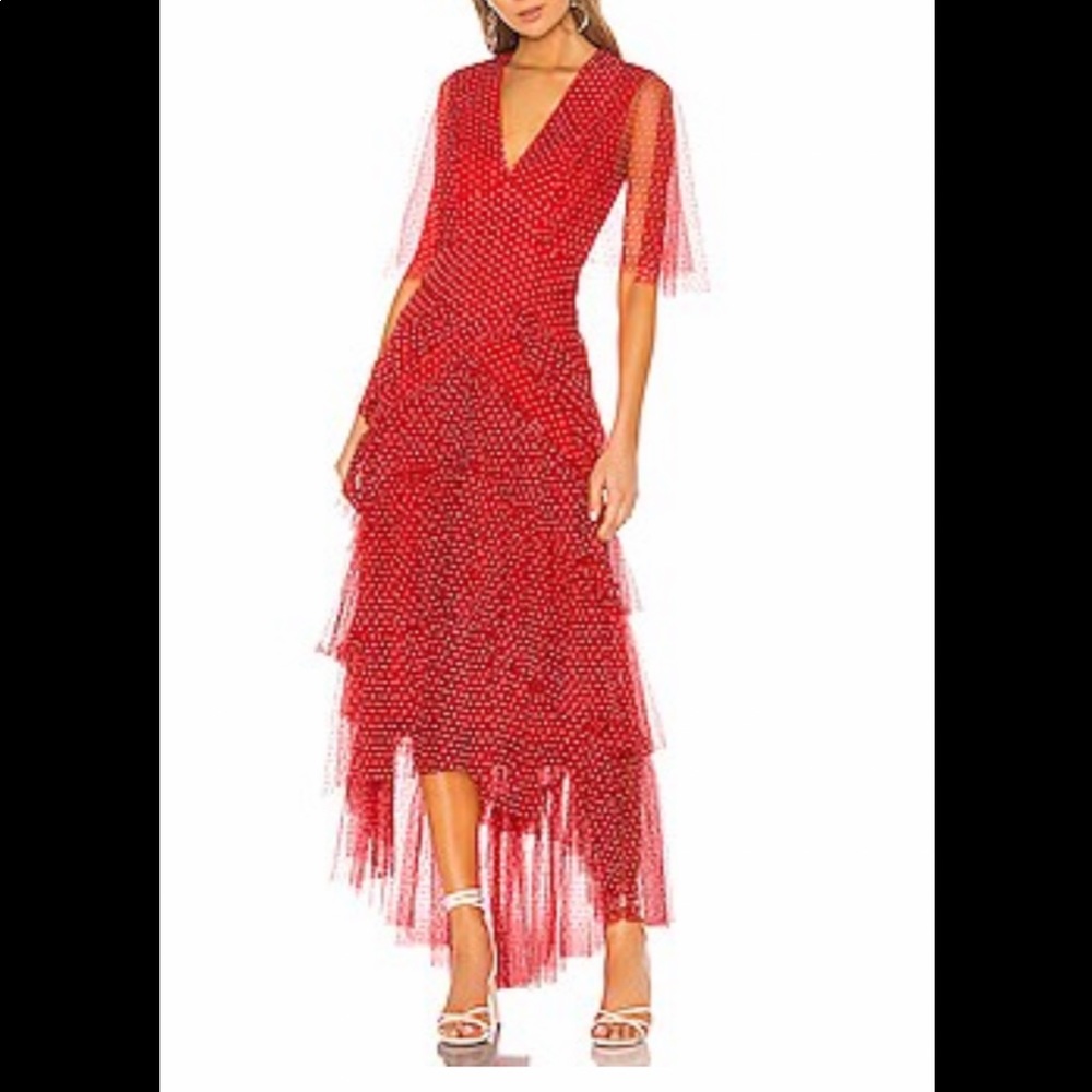 BCBGMAXAZRIA Tiered Polka Dot Gown. Red, Sz. 0 New with tags.